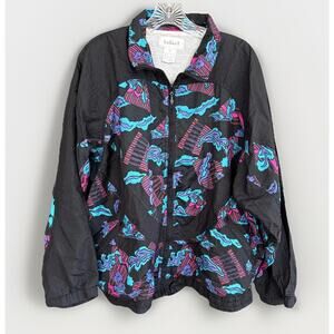 Vintage Rafael Windbreaker Jacket Black Multi Abstract Print Rave‎ Y2K Sz Medium